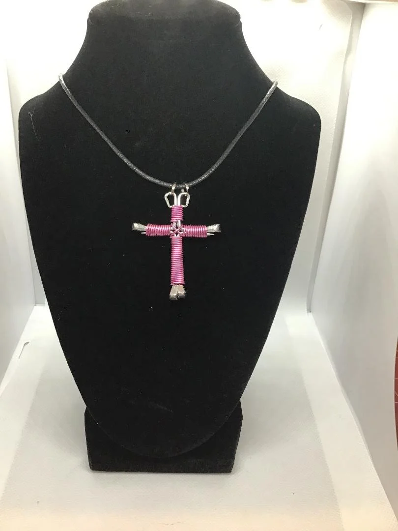Dark Pink Horseshoe Nail Cross Necklace (LG)