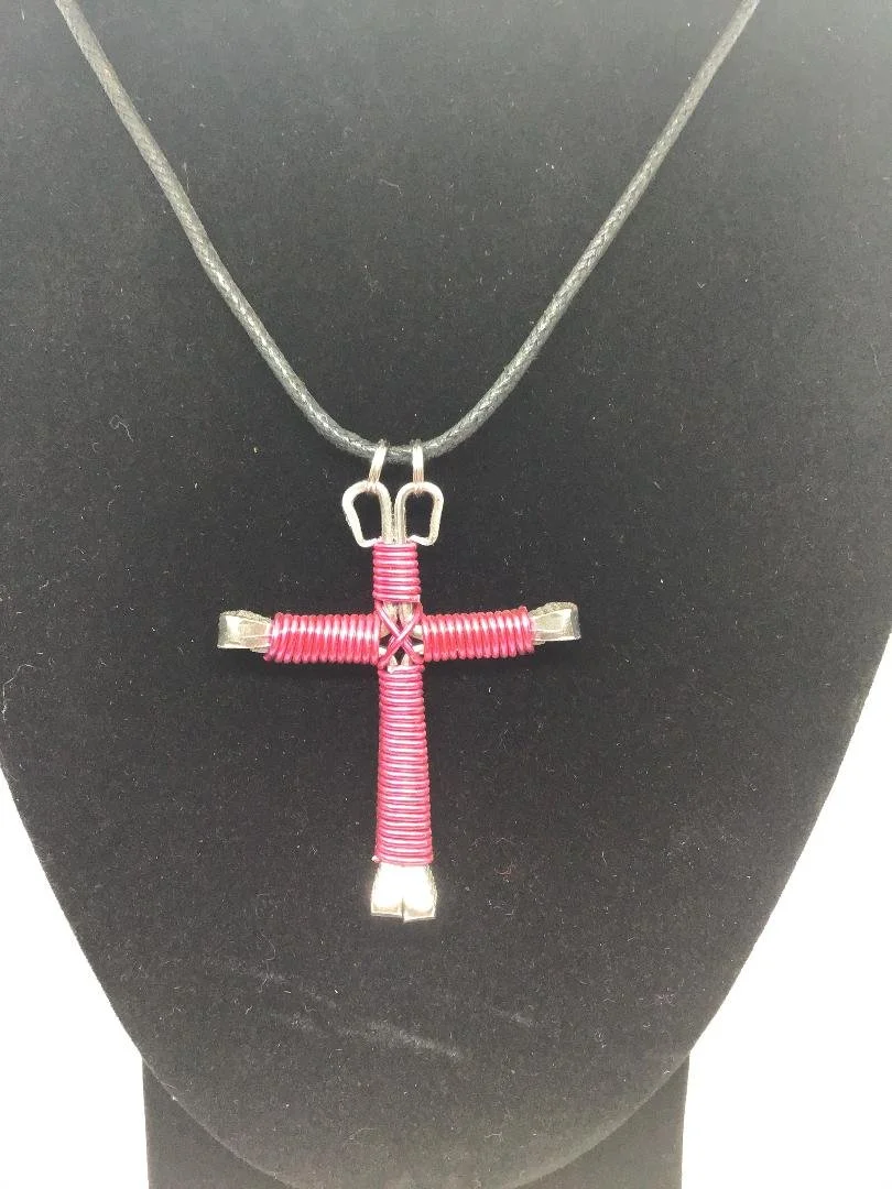 Fushia Horseshoe Nail Cross Necklace (LG)