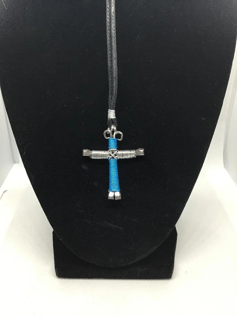 Peacock Blue and Silver Horseshoe Nail Cross Keychain (SM)