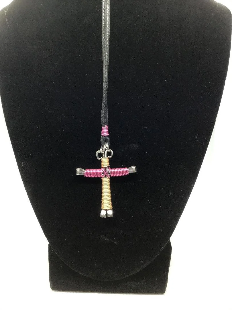 Dark Pink and Gold Horseshoe Nail Cross Keychain (SM)