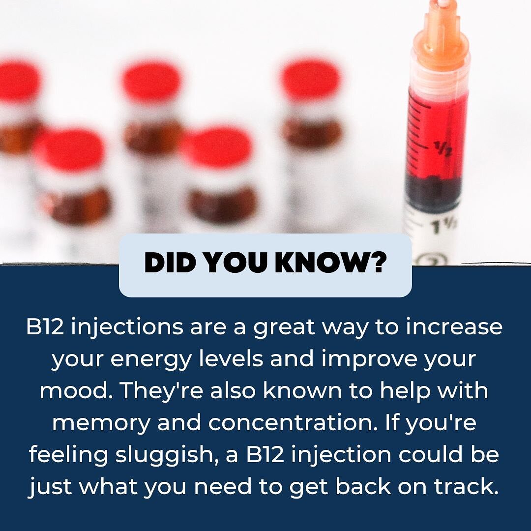 B12 injections are a great way to increase your energy levels and improve your mood. They're also known to help with memory and concentration. If you're feeling sluggish, a B12 injection could be just what you need to get back on track.

🔗Link in Bi