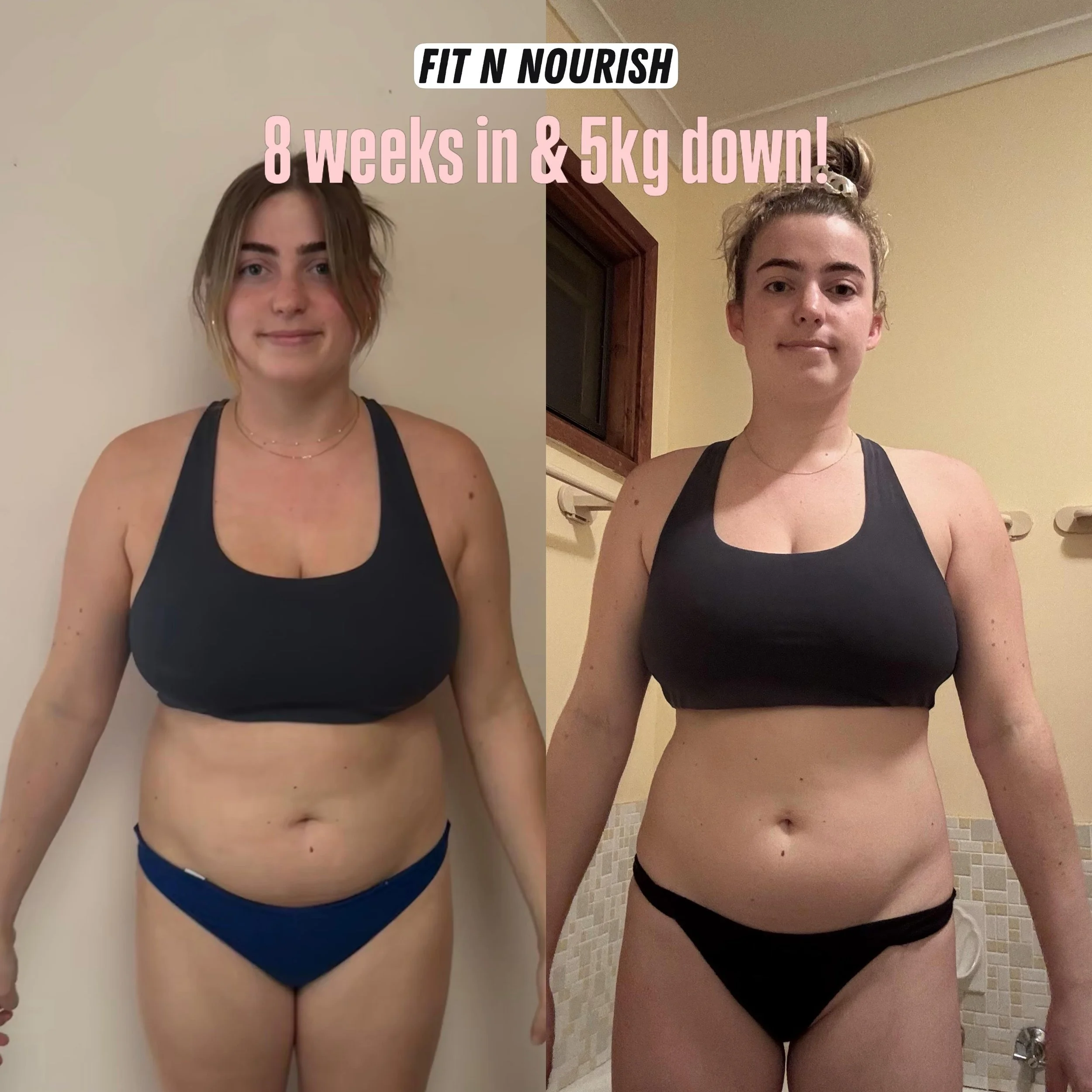 8 weeks difference!!! 

Ella came to me with a weight loss goal; she&rsquo;d seen results in the past through F45 but like 99% of people who undertake those challenges, put it all back on again after finishing.

What we have done, it create a sustain