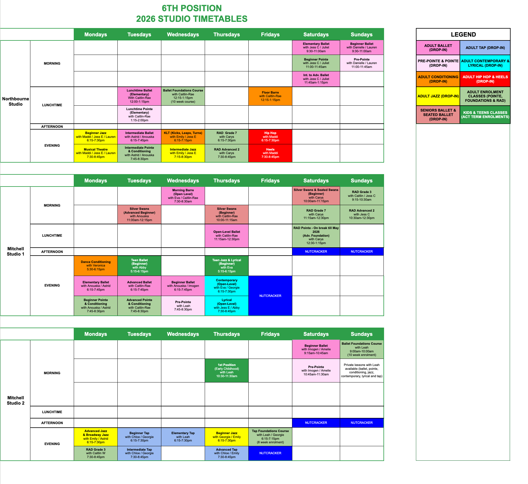 2026 studio timetable showing dance and ballet classes scheduled across multiple days and times, with legends indicating different dance styles and levels, and a separate section for three different studio schedules.