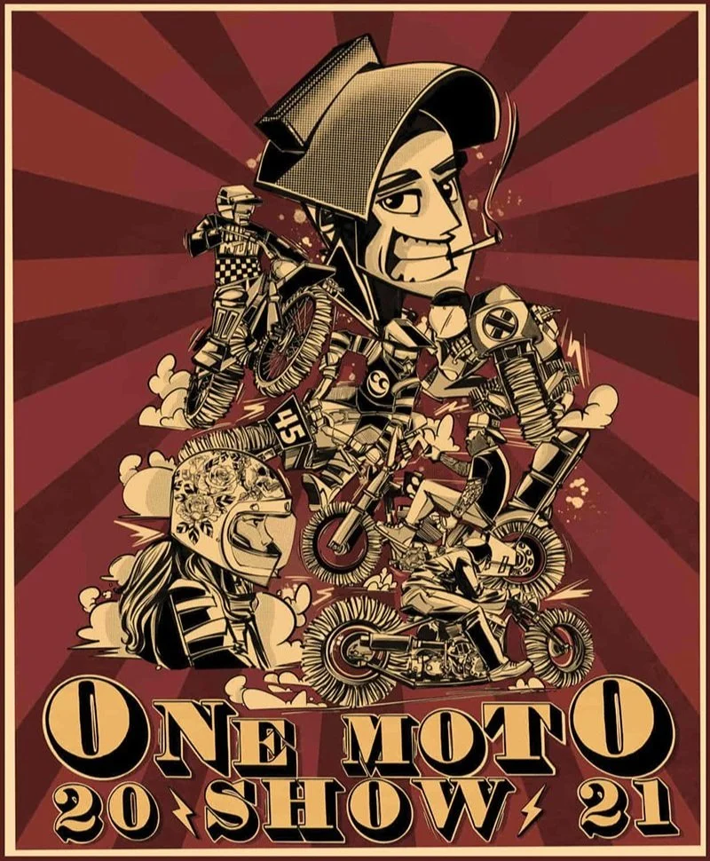 A stylized illustration of motorcycle riders arranged to form a person's face, with the text "One Moto Show 21" at the bottom.
