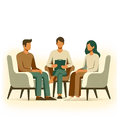 Three people sitting in armchairs during a discussion, with one holding a clipboard or notebook.