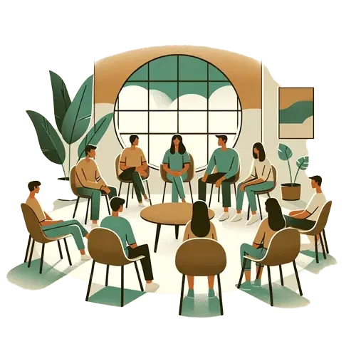 A group therapy session with ten people, sitting in a circle inside a room with large window and indoor plants.