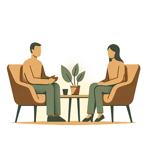 An illustration of a man and a woman sitting in armchairs facing each other with a small table and potted plant between them, in a casual indoor setting.