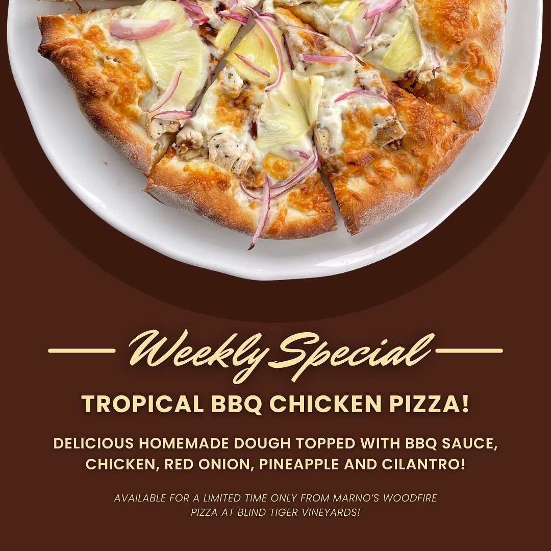 Our weekly special is back!  To kick off the summer season our incredible chef, Morgen, has created a Tropical BBQ Chicken Pizza! 🍕

Delicious homemade dough topped with BBQ sauce, chicken, red onion, pineapple and cilantro (not pictured here becaus