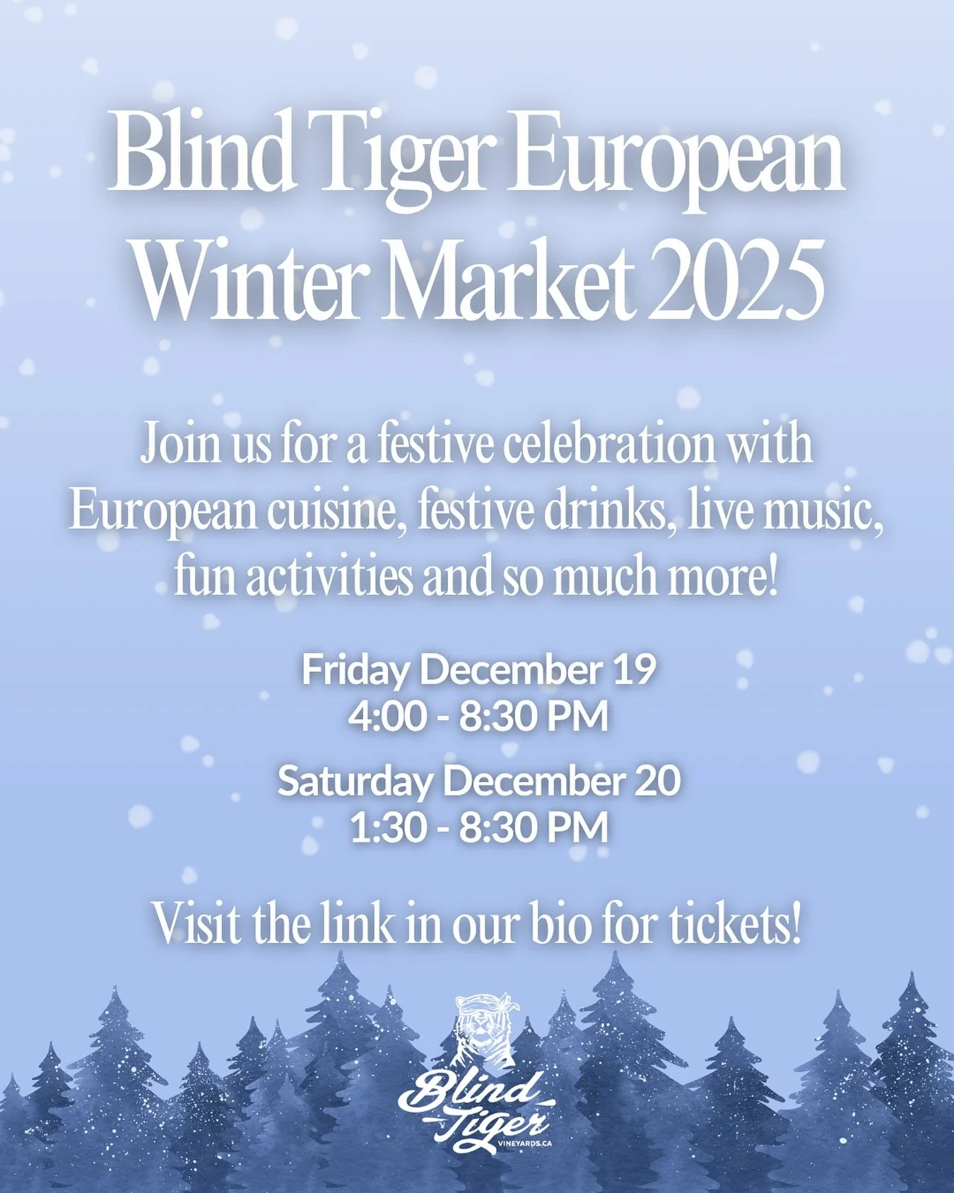 Join us this holiday season for a European inspired winter market at Blind Tiger! 🎄
This festive outdoor event is a celebration of the holiday season and features European cuisine, cozy drinks, sweet treats, live music, seasonal activities and incr