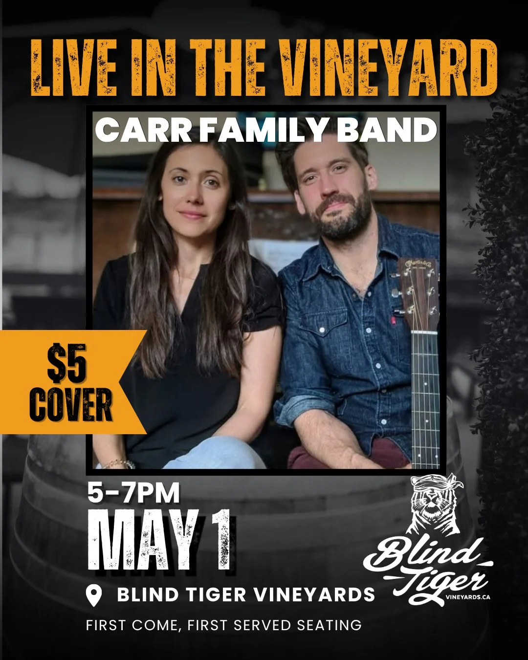 Mark your calendars &mdash; Blind Tiger Vineyards opens May 1st. 🎉

We&rsquo;re celebrating the start of the season with live music from the @CarrFamilyBand, beautiful lake views, and all the Blind Tiger charm you&rsquo;ve been missing.🎶

Round up 