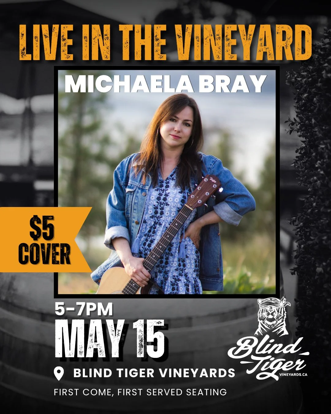 The first live music night of the season is here. 🎶🍷

Join us at Blind Tiger Vineyards for Live in the Vineyard with @michaelabray on Friday, May 15 | 5&ndash;7 PM.

We&rsquo;re kicking off patio season the right way &mdash; great wine, vineyard vi