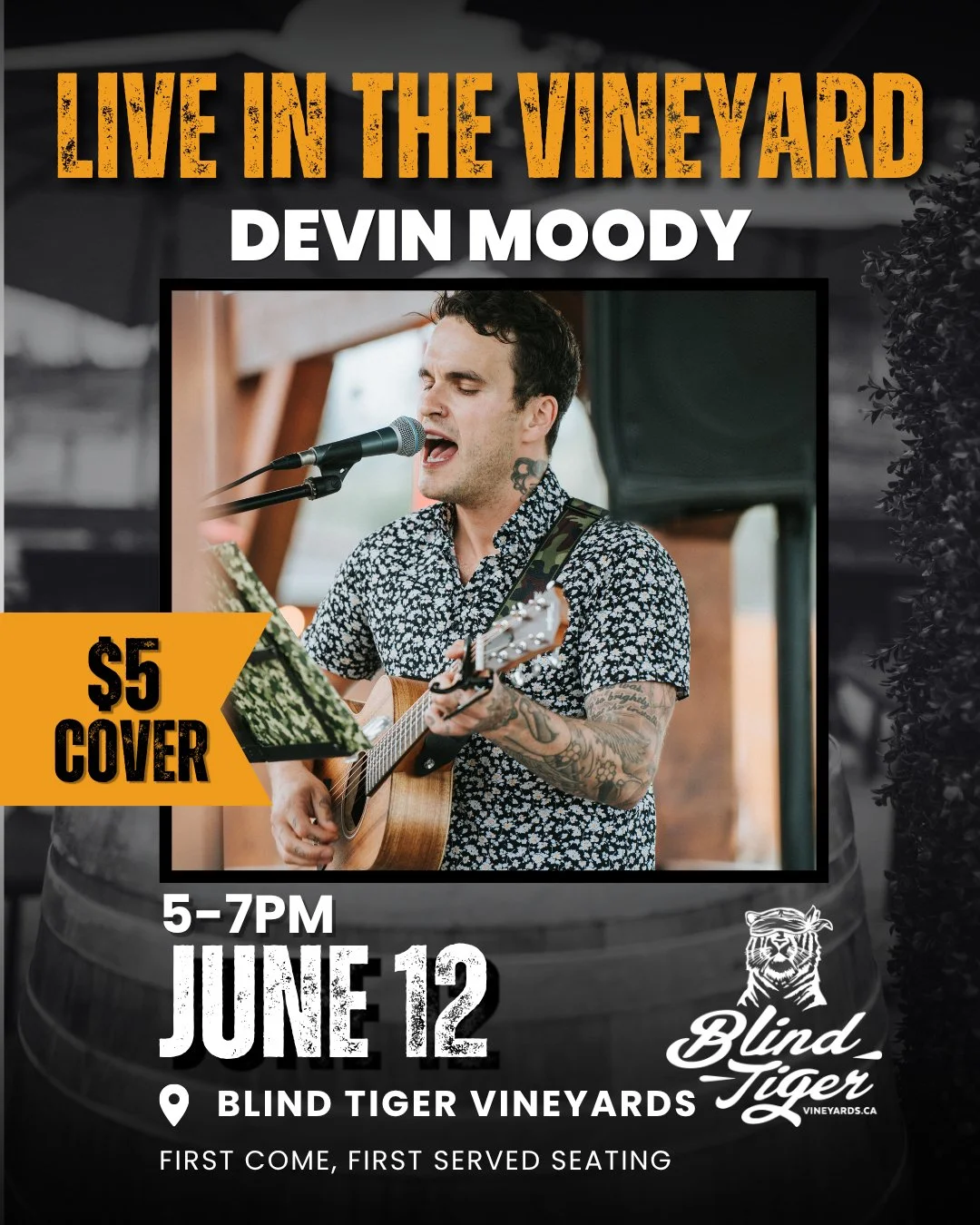 HE&rsquo;S BACK. 🎶🔥

Join us Friday, June 12 from 5&ndash;7 PM at Blind Tiger Vineyards for another Live in the Vineyard evening with crowd favourite Devin Moody.

If you joined us last time, you already know the vibe &mdash; incredible live music,
