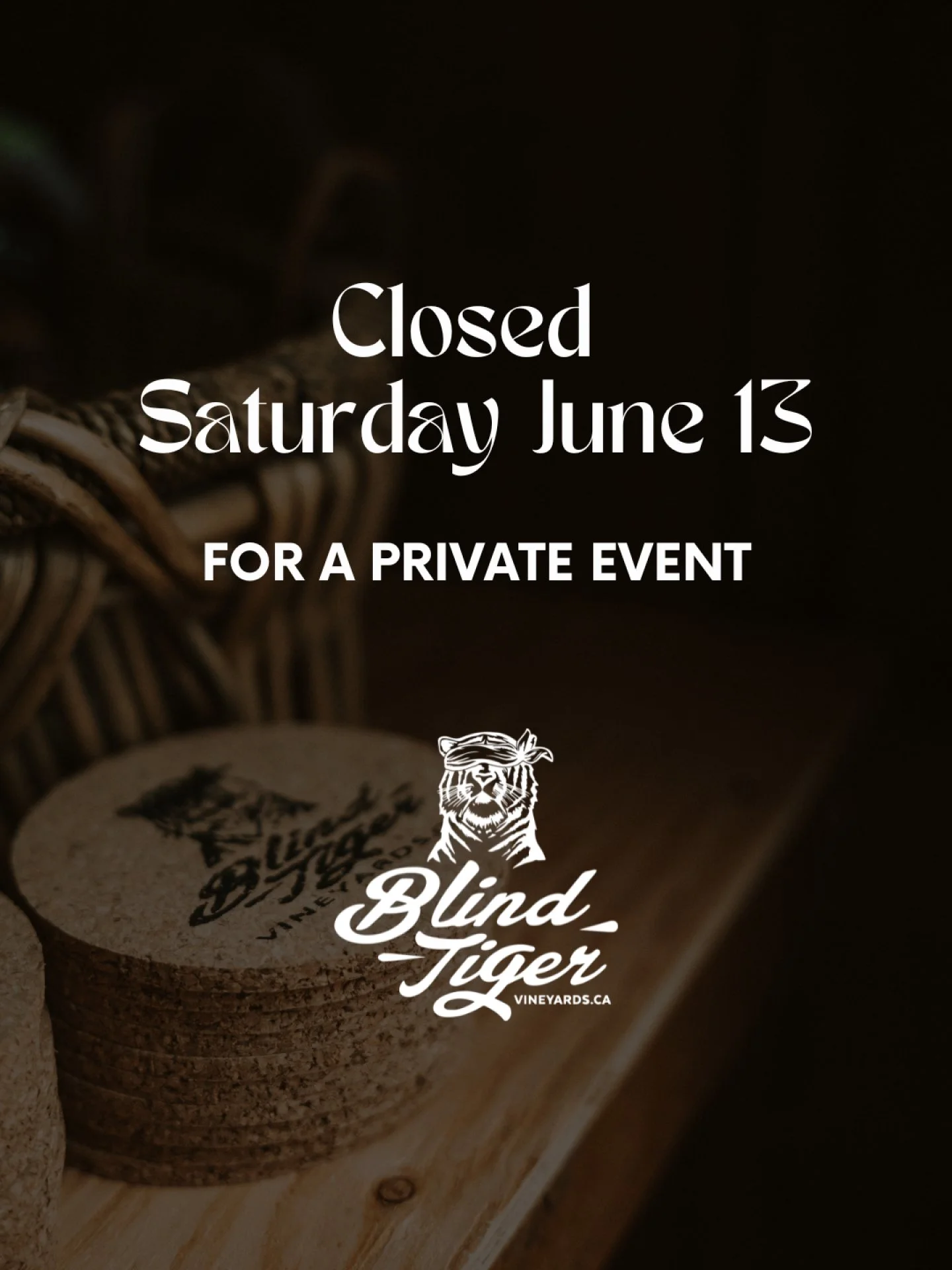 A little weekend heads up from your friends at Blind Tiger 👋

We're taking a tiny break from the usual Saturday fun... because we're hosting a private event! ✨

Here's your game plan:

🎶 Friday: Devin Moody is back for Live in the Vineyard from 5&n
