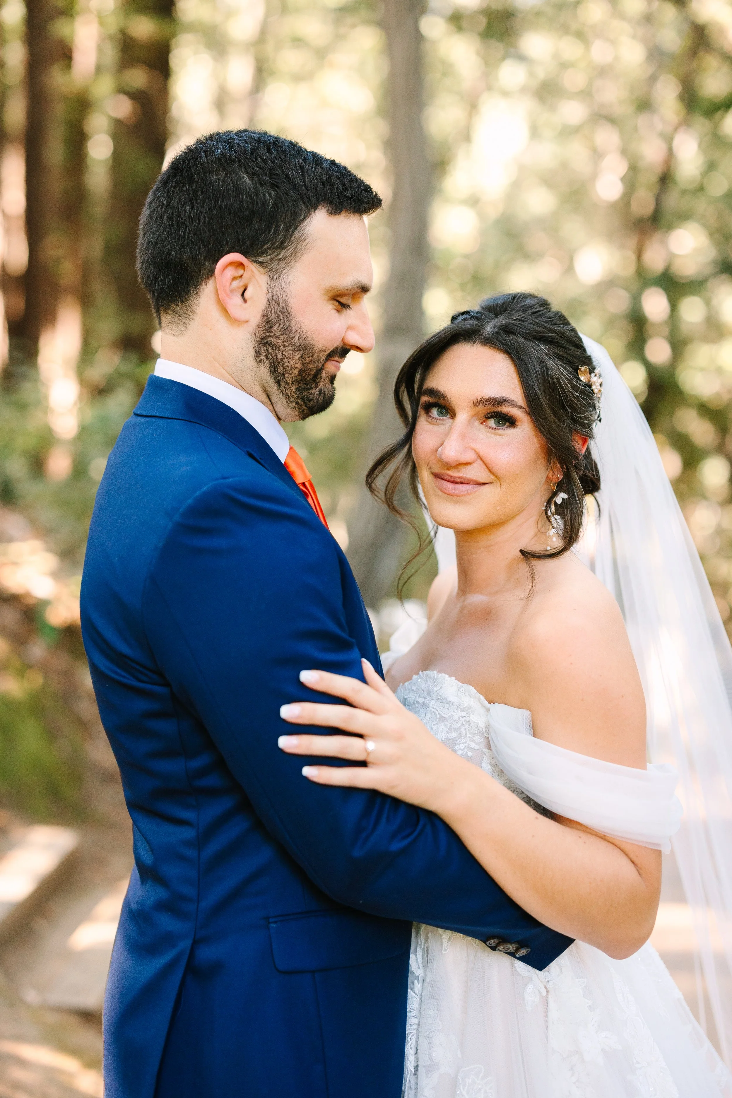 Natural bridal hair and make up with soft glam skin and romantic updo at a redwood forest wedding. Natural bridal hair and makeup with romantic updo and veil for a Forest wedding bride. Northern California Forest, wedding bride with natural bridal ma