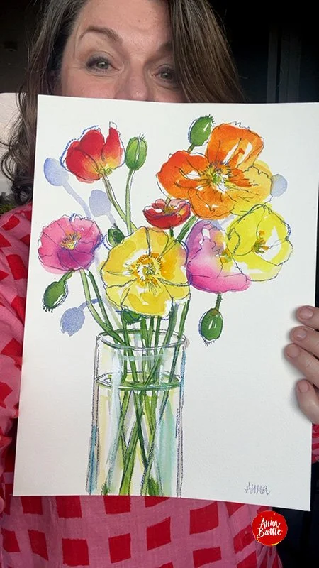 Poppies in Glass - original watercolour on paper - 42 x 30cm