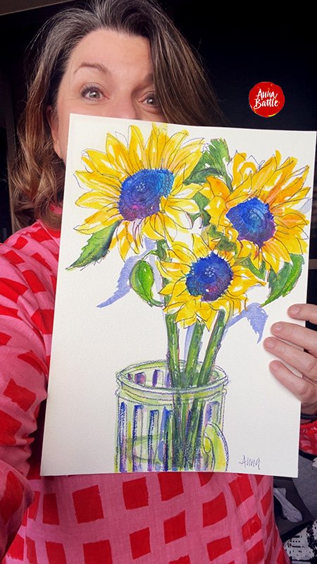 Sunflowers - original watercolour and pencil on paper - 36x26cm