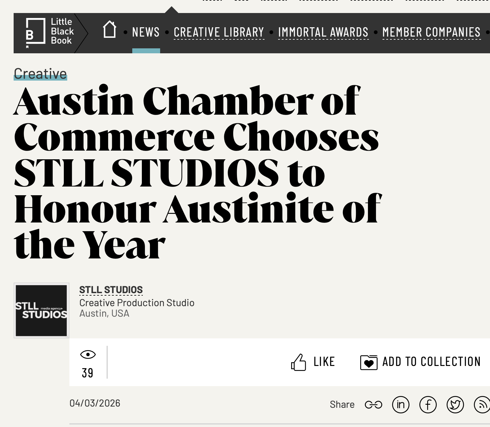 Austin Chamber of Commerce Chooses STLL STUDIOS to Honour Austinite of the Year
