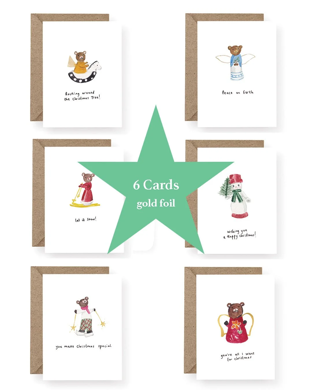 'Rocking around the Christmas Tree' Set of 6 Gold Foil Christmas Cards