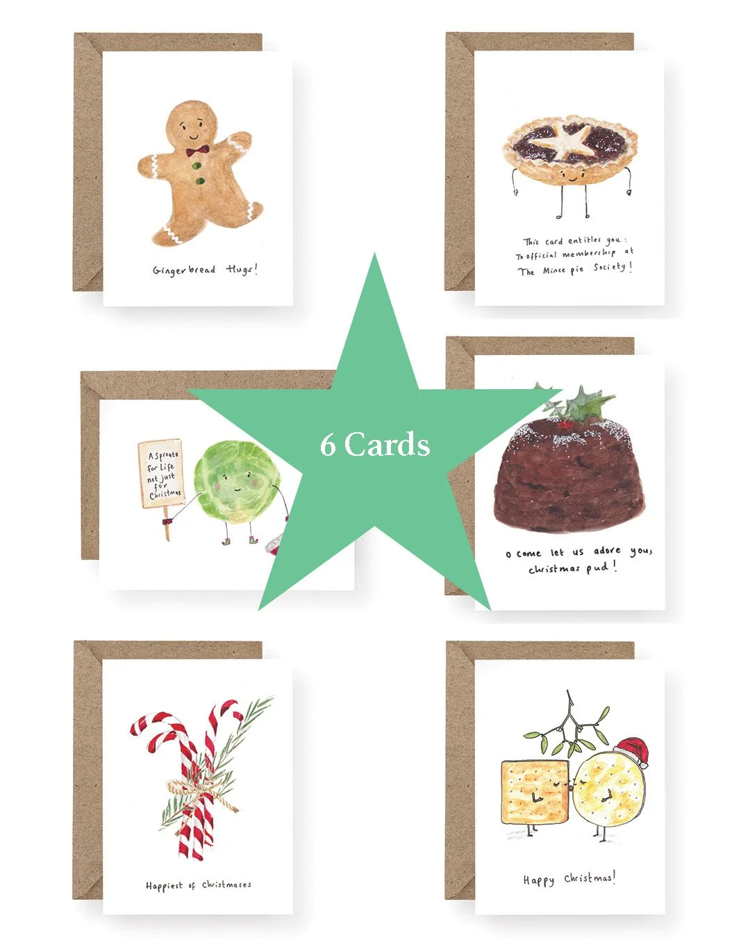Set of 6 Food Themed illustrated Christmas Cards