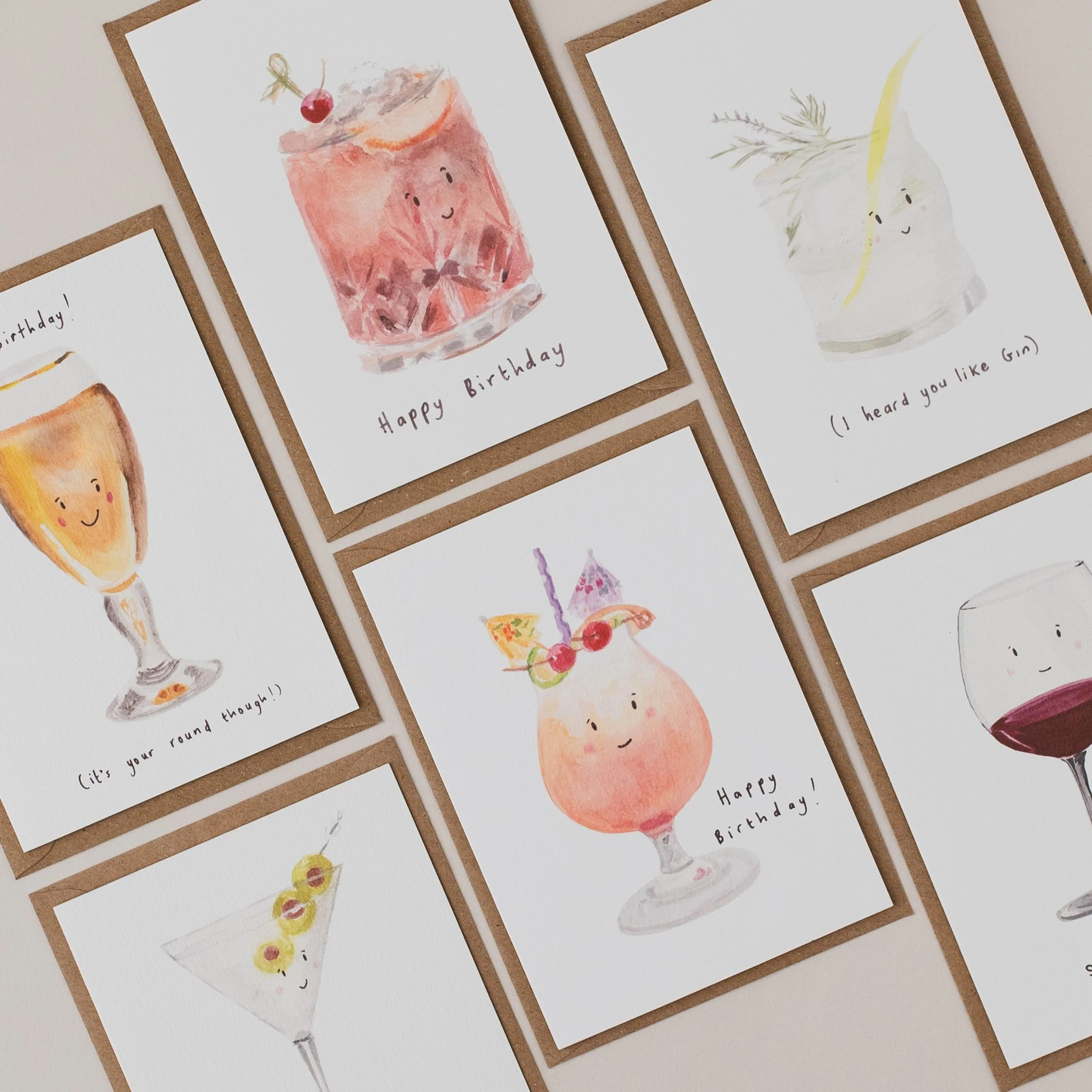 Set of 6 Cocktail and Drink themed Greeting Cards