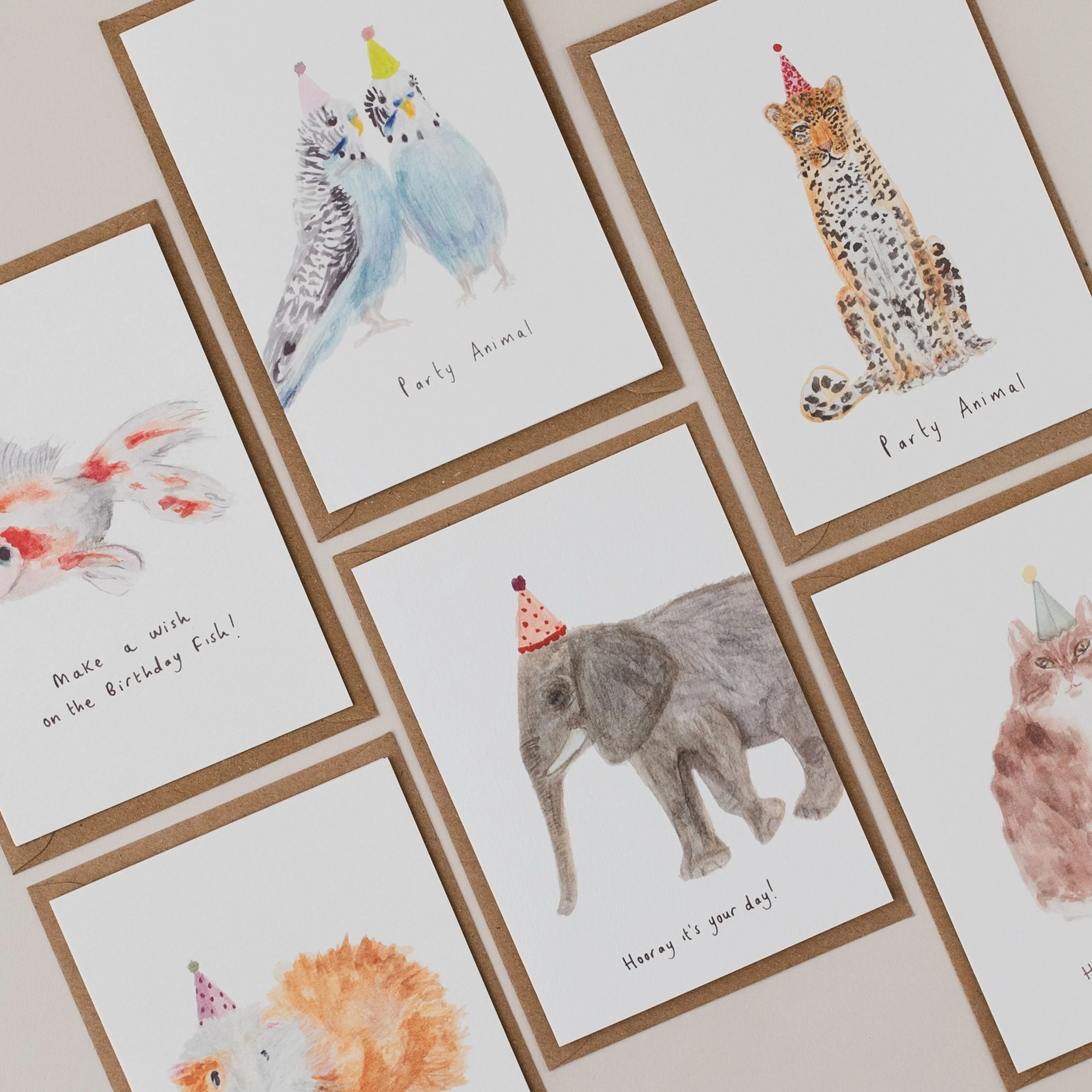 Set of 6 hand painted Animal Birthday Cards