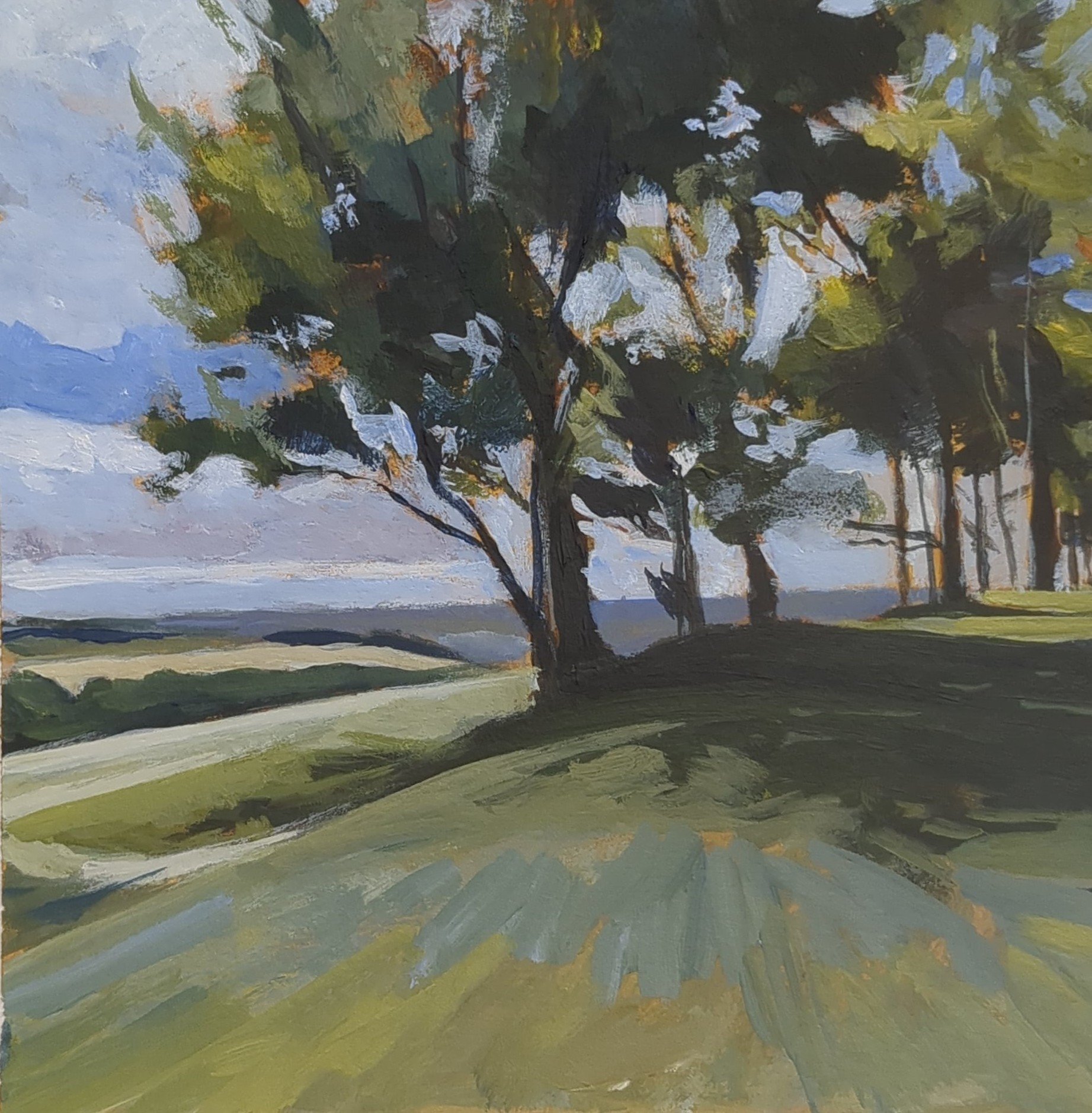 On Chanctonbury Ring. Acrylic on paper, 8x8" (available).