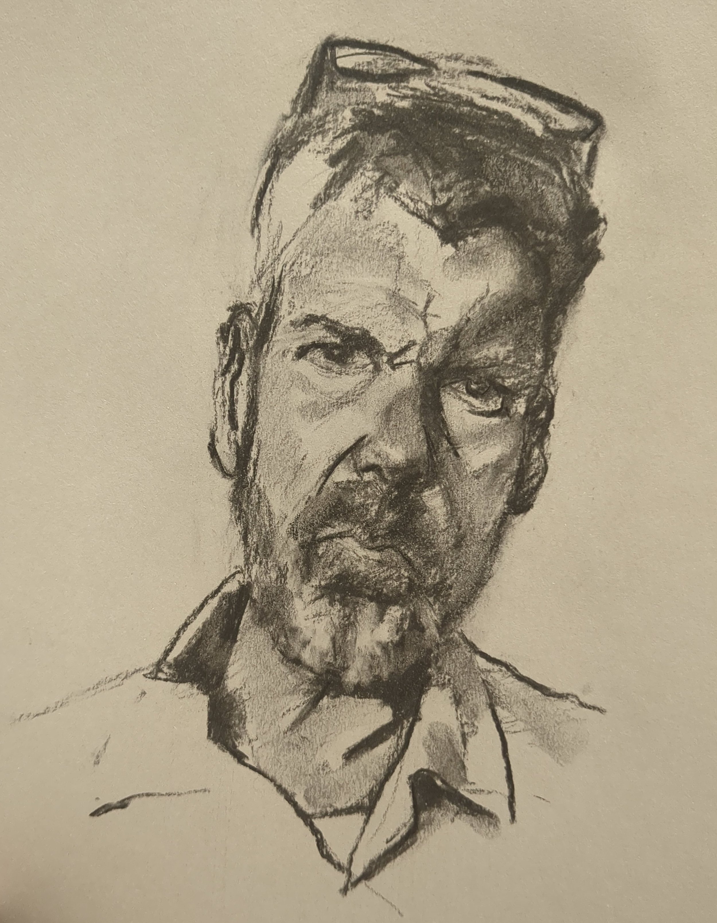 Self-portrait. Charcoal on toned paper