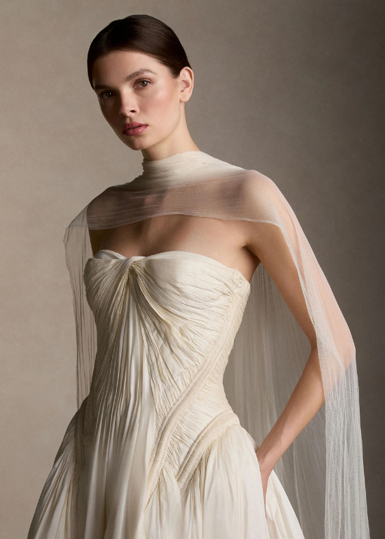 Close up details of a pleated bridal scarf