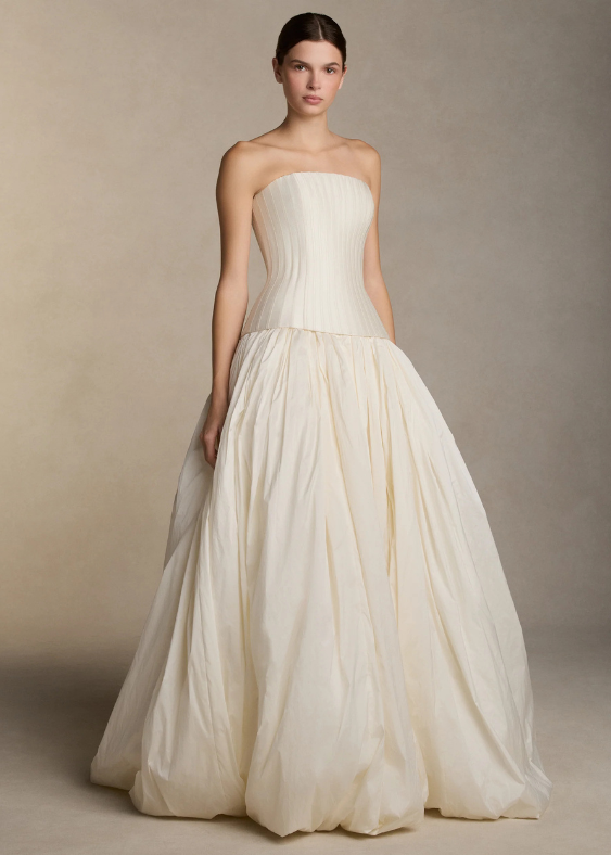 A woman seen from the front wearing a contemporary wedding skirt and bustier by Danielle Frankel, exclusively stocked at Bloom Australia.