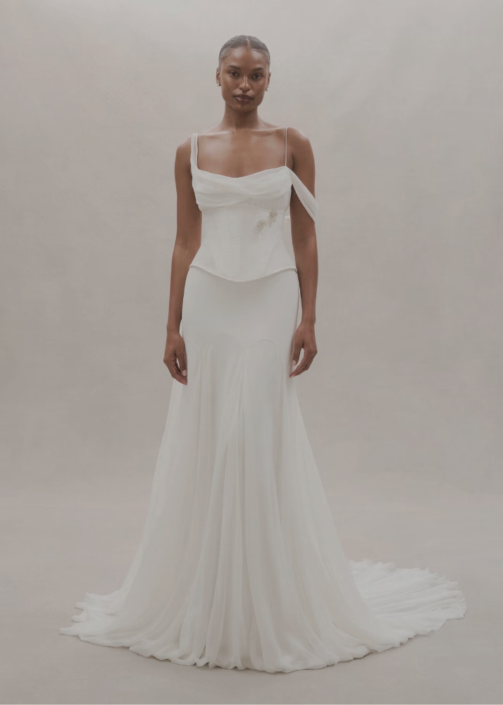High-fashion Australian bridal gown layered with a silk chiffon waist cincer