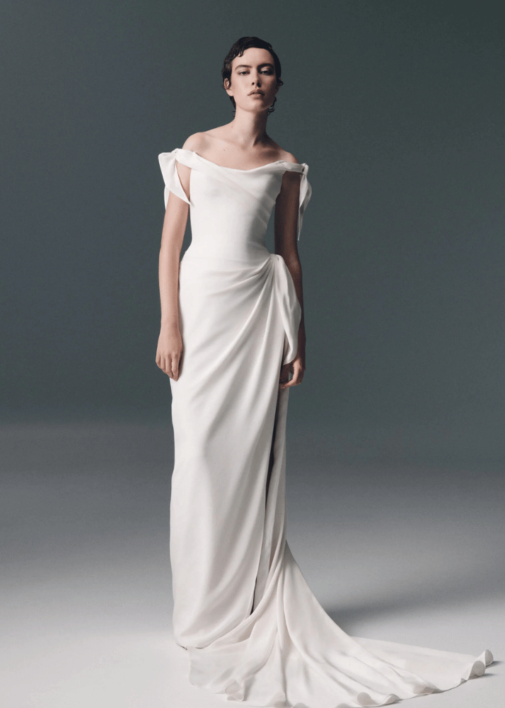 Luxury Australian bridal gown with modern  sculptural folds.