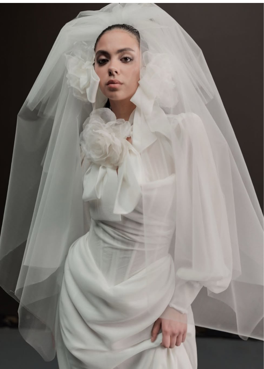 Styled picture of a fashion forward Australian bride with sheer, layered bridal dress.