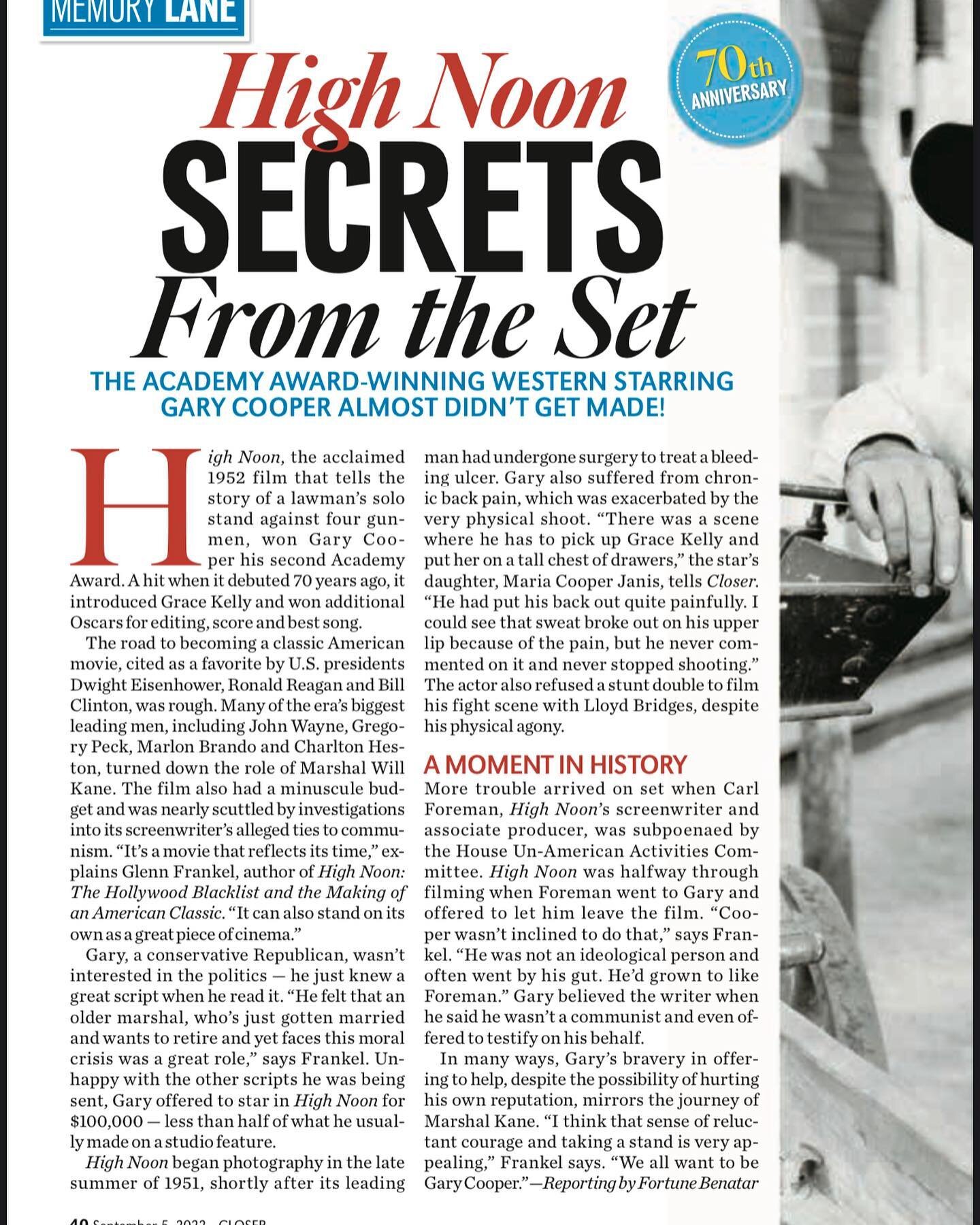 A wonderful peek behind the scenes the quintessential western, HIGH NOON in the September issue of @closerweekly
Lots going on with High Noon this year as it celebrates its 79th anniversary. Stay tuned! 

#garycooper #gracekelly #highnoon #carlforema