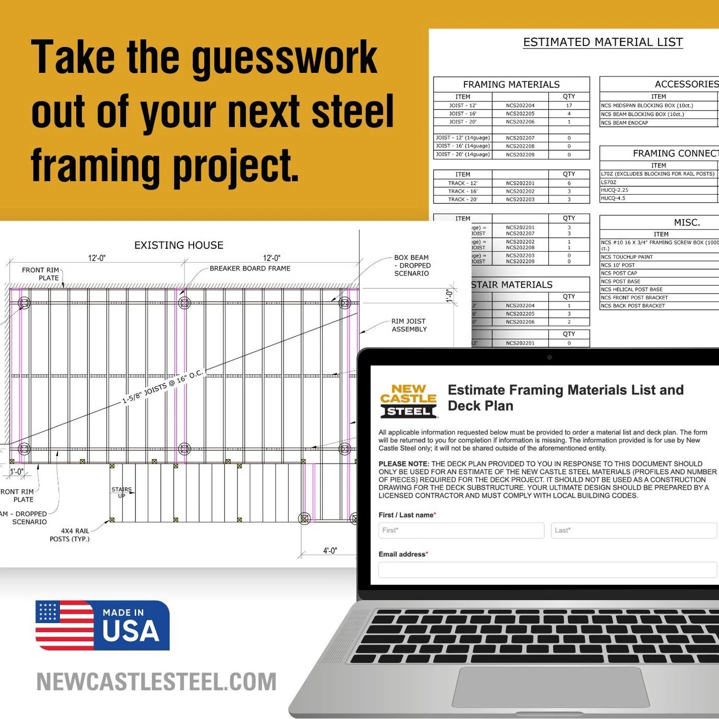 Take the guesswork out of your next steel framing project.
Our FREE custom framing plan service provides detailed layouts tailored to your specific project requirements. From span calculations to material lists, we've got you covered.
Why spend hou