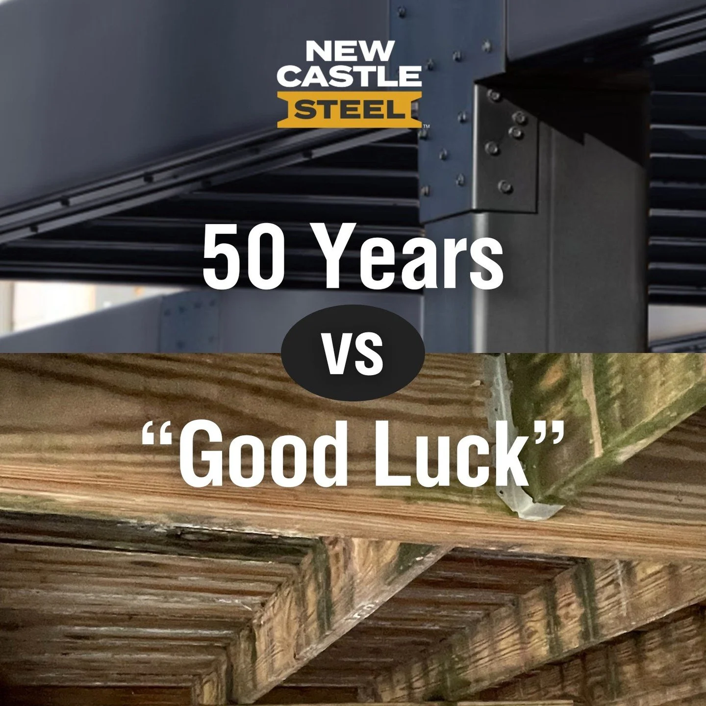 That's the warranty difference between New Castle Steel and typical wood framing. Your clients are investing in premium decking materials - shouldn't the frame match that commitment?
Build with confidence that lasts decades.
Learn about our 50-year