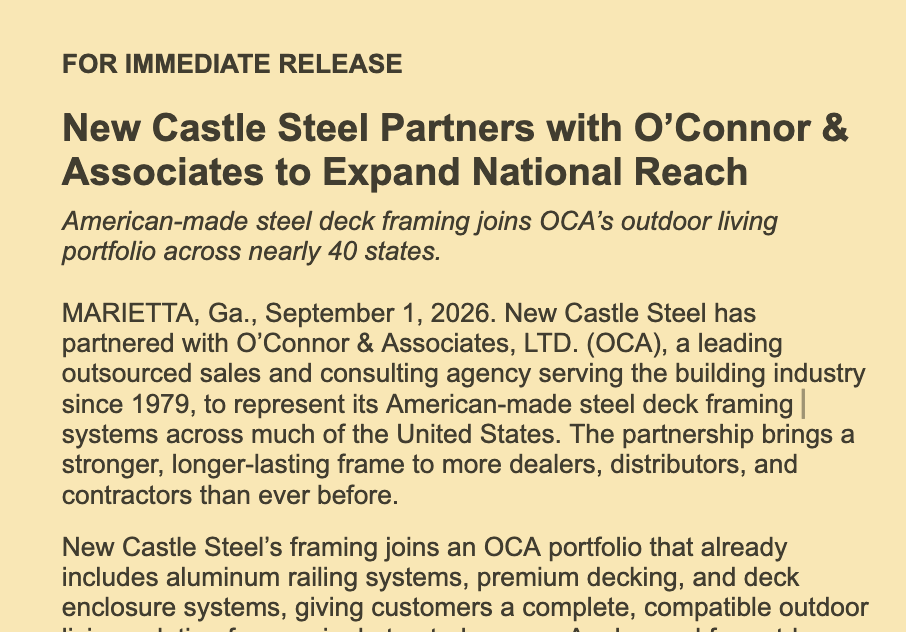 New Castle Steel Partners with O’Connor &amp; Associates to Expand National Reach