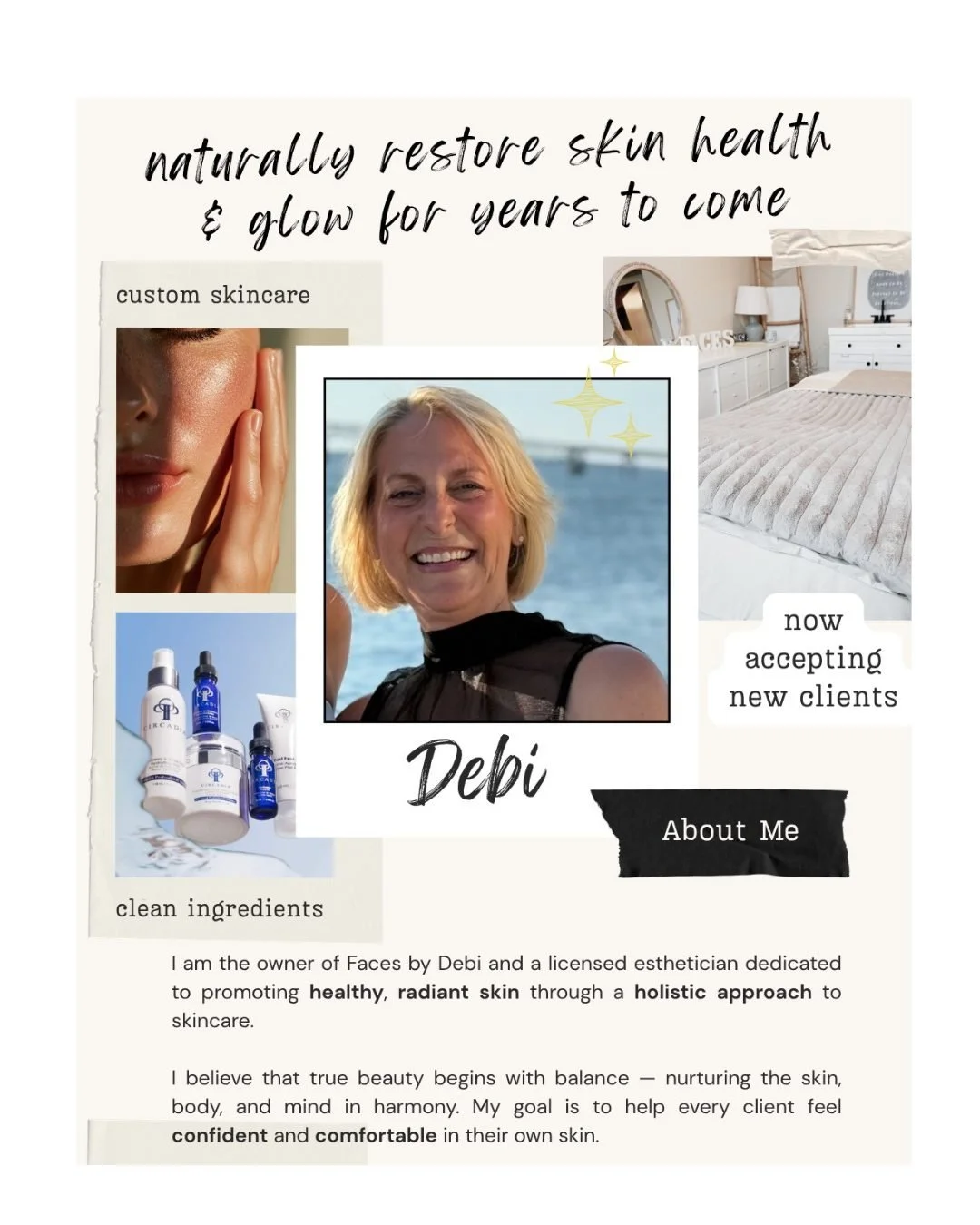 Naturally restoring skin health&mdash;beautifully, intentionally, and with care.
I&rsquo;m Debi, licensed esthetician and founder of Faces by Debi. I specialize in customized, holistic treatments designed to support long-term skin health and a radian