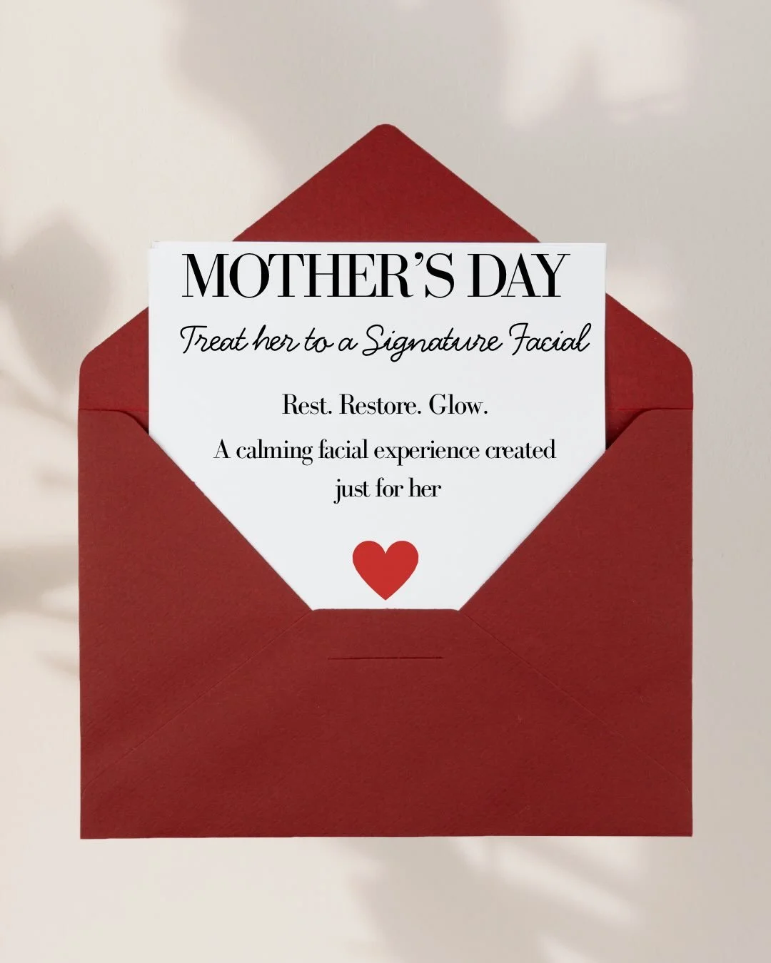 Give her a moment to rest, restore, and feel truly cared for.

This Mother&rsquo;s Day, a Signature Facial offers a calming, restorative experience
designed to nurture her skin and soothe her senses.

When you purchase a gift certificate,
she&rsquo;l