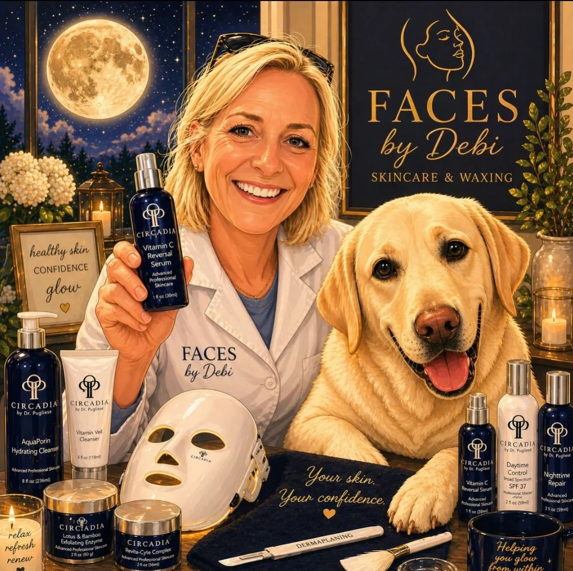 Daisy 🐾 keeps me grounded, and I bring that same calm, intentional energy into every treatment at Faces by Debi.

Thoughtful skincare. Real results. A space to truly unwind.

Featuring my favorite Vitamin C Reversal Serum for brighter, healthier-loo