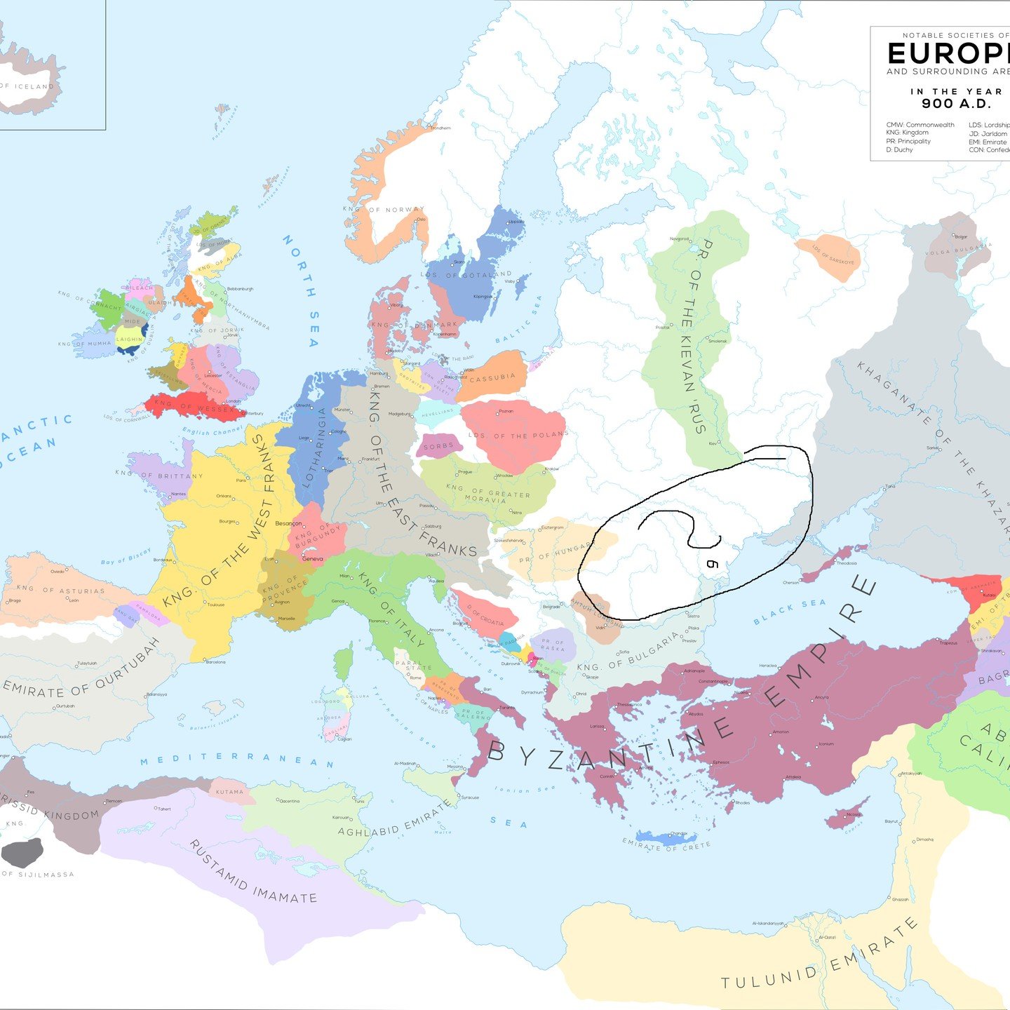 A map showing Europe and its surroundings in 900 AD. It's rather detailed and nice to look at &ndash; except for that one wide blank spot between the kingdom of the Magyars and the Khazar Khaganate. But don't worry, Khan's Den got you covered (screen