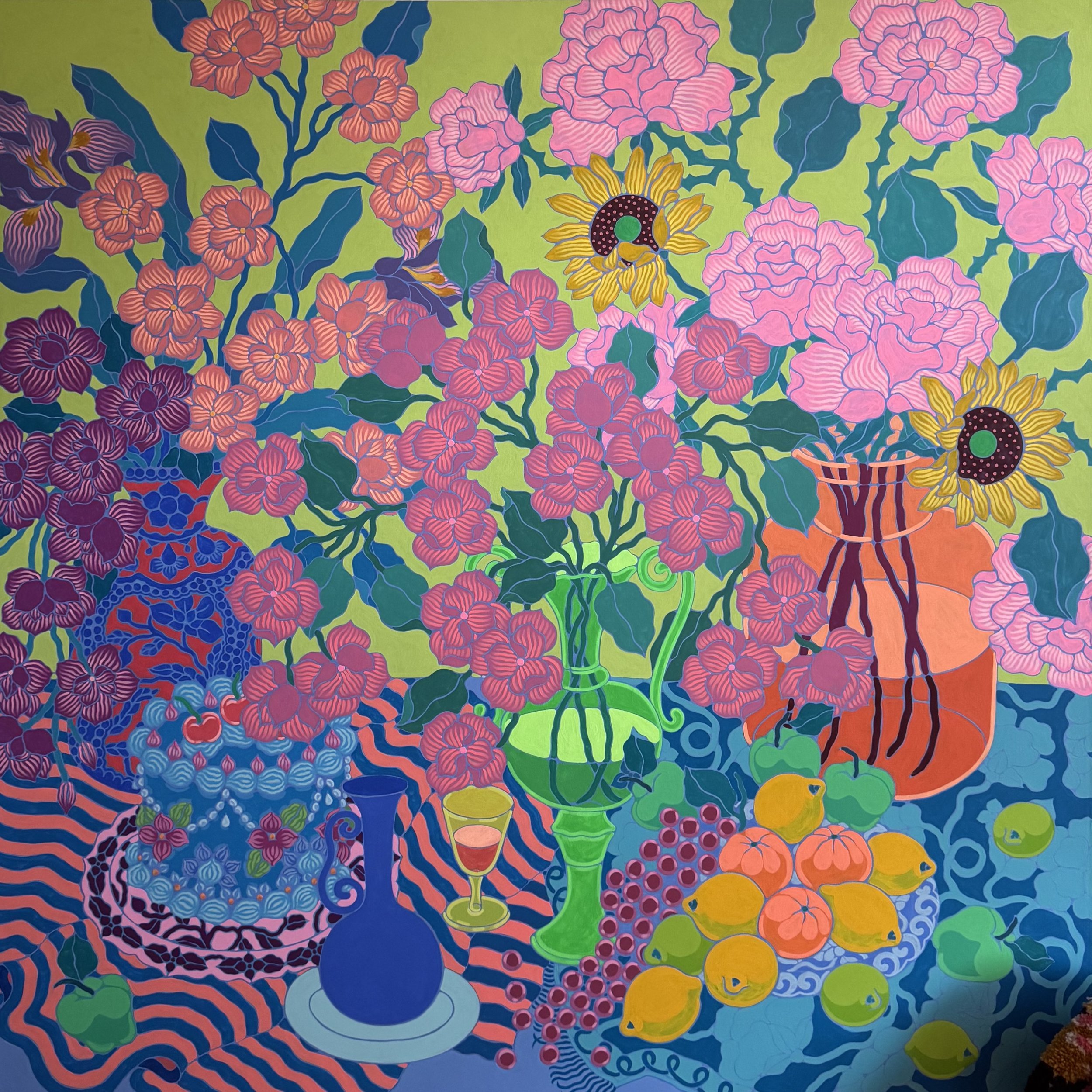 Still Life with Orange Jug, Cake and Fruit Platter 
58”x58” acrylic on canvas
Email to inquire 