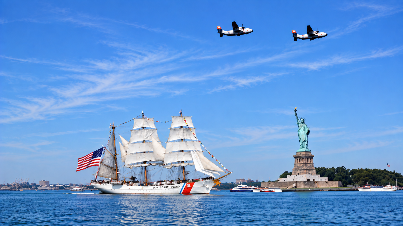 The Coast Guard's Barque Eagle passes the Statue of Liberty during New York's July 4, 2026 celebration of America's 250th anniversary.