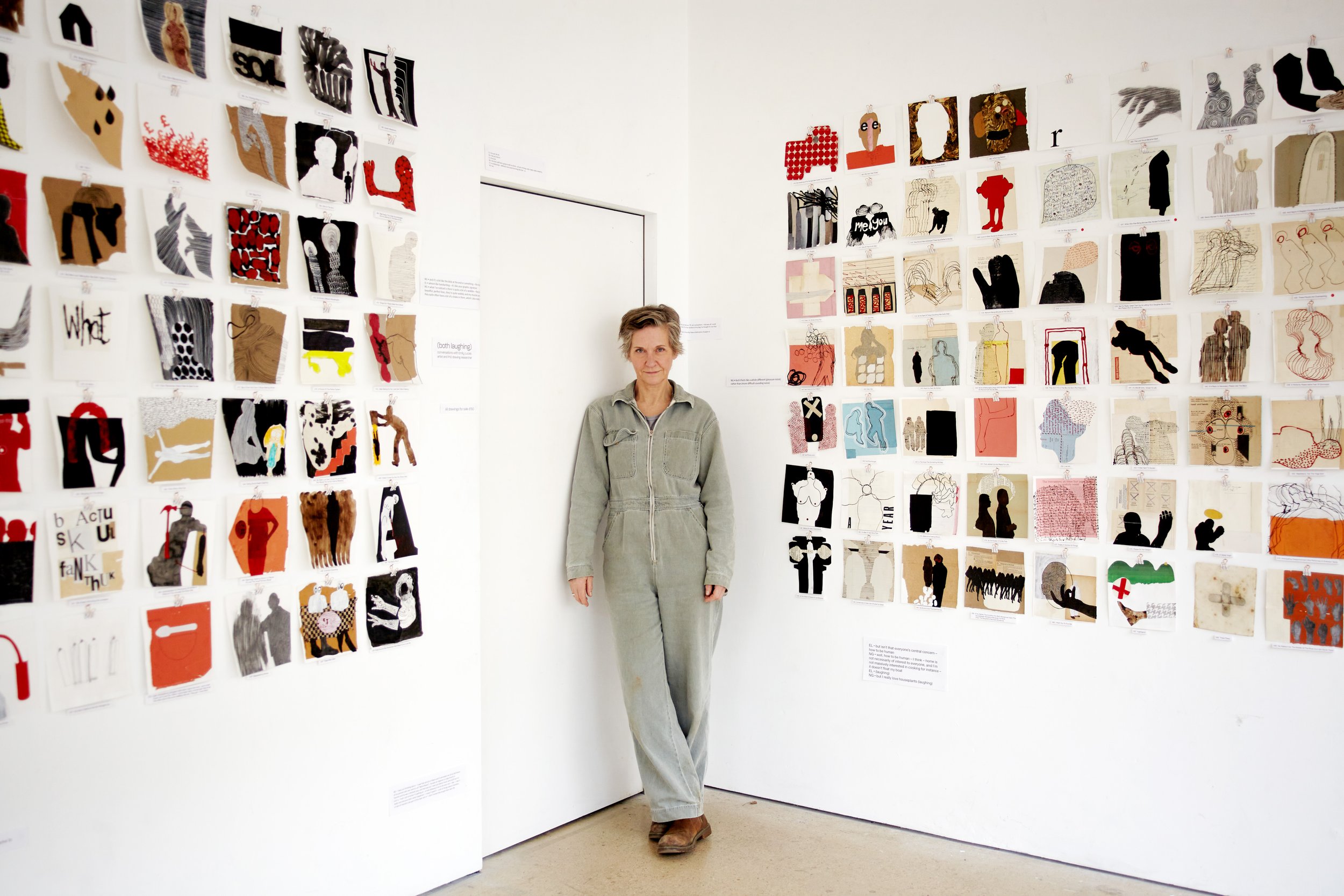 Artwork photography of Nick Grellier standing in her exhibition at SVA in Stroud