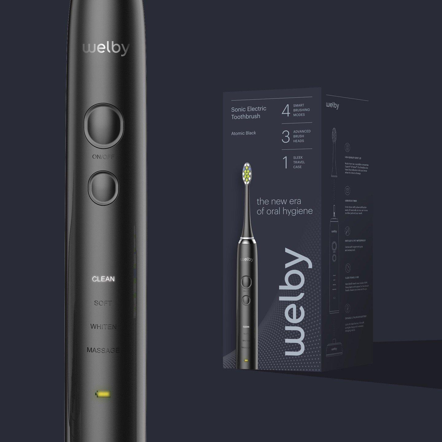 In collaboration with @welby.id , we created the naming, branding, strategy, packaging design system, website and communication for their first consumer product, a sonic electric toothbrush. The toothbrush comes with 4 brushing modes, 3 brush heads, 