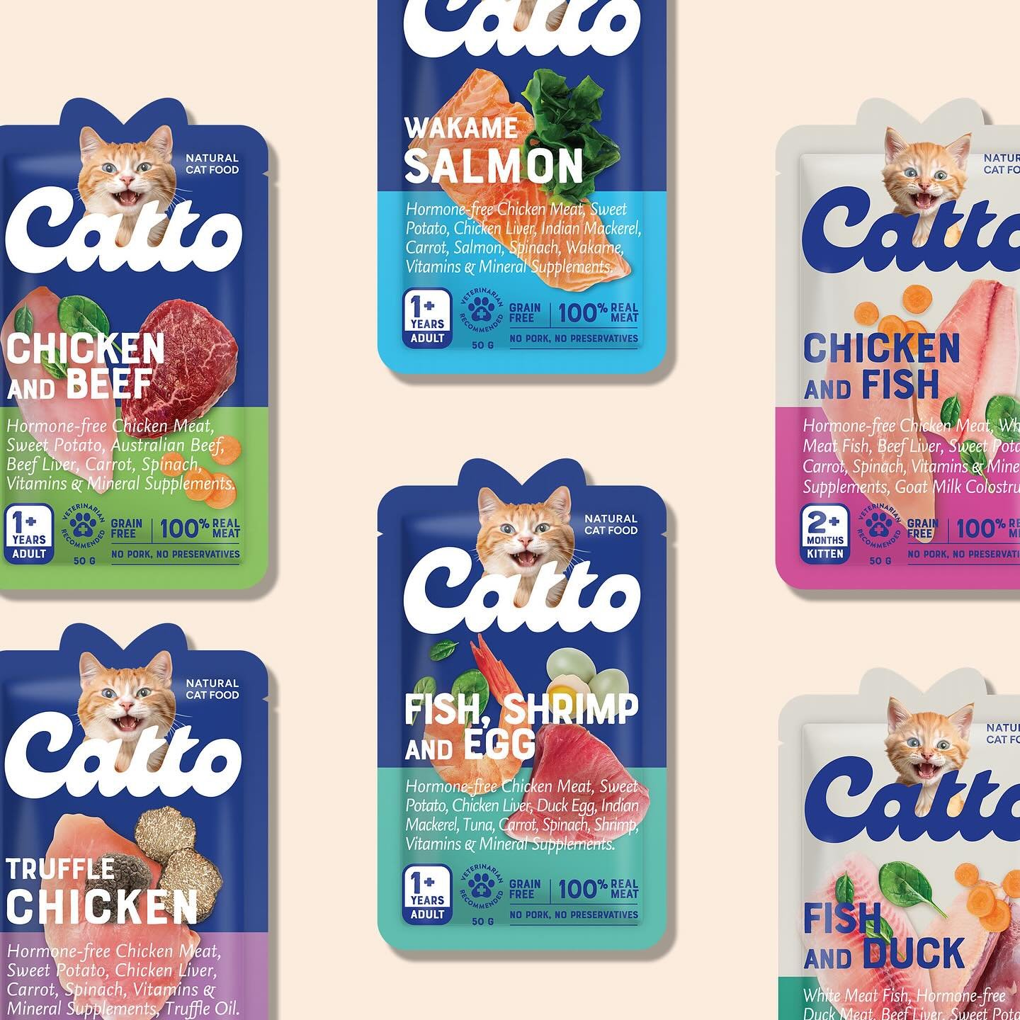 Branding and packaging design for @catto_catfood high-quality cat food made from natural ingredients with added vitamins, minerals, and protein, free from artificial additive.

#jedcreative #branding #packagingdesign #naturalcatfood