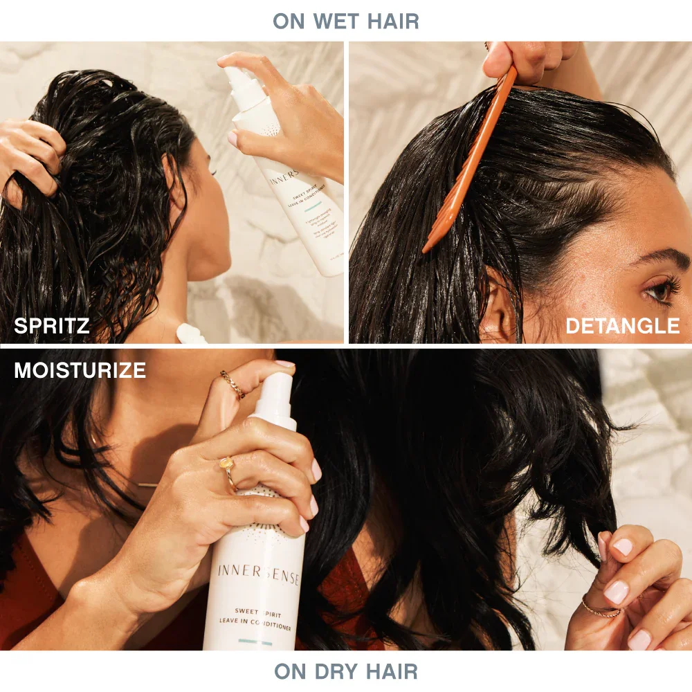 Step-by-step guide showing how to use Innersense Sweet Spirit Leave-In Conditioner on wet and dry curly hair.