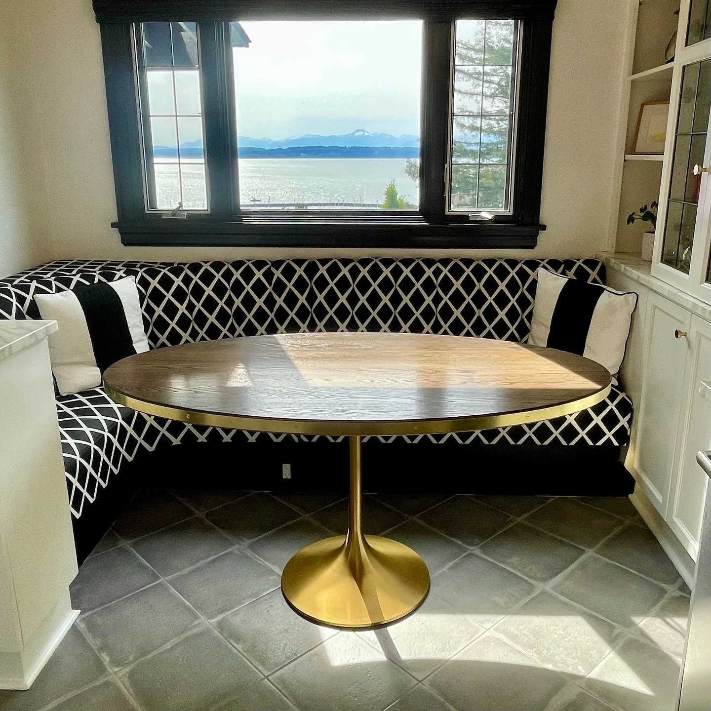 A welcome departure from a world full of white oak and walnut. It was so satisfying to bring the homeowner&rsquo;s vision to life. Not to mention it looks perfect in their beautiful Tudor style home. 

Stained red oak with solid brass edge banding. 
