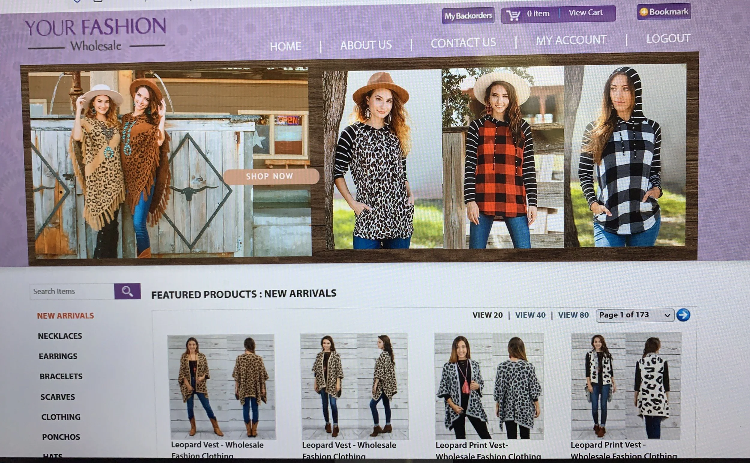 Screenshot of a website homepage for a clothing store called 'Your Fashion Wholesale,' showing a banner with models in animal print and plaid outfits, a navigation menu, and featured products like leopard print vests.