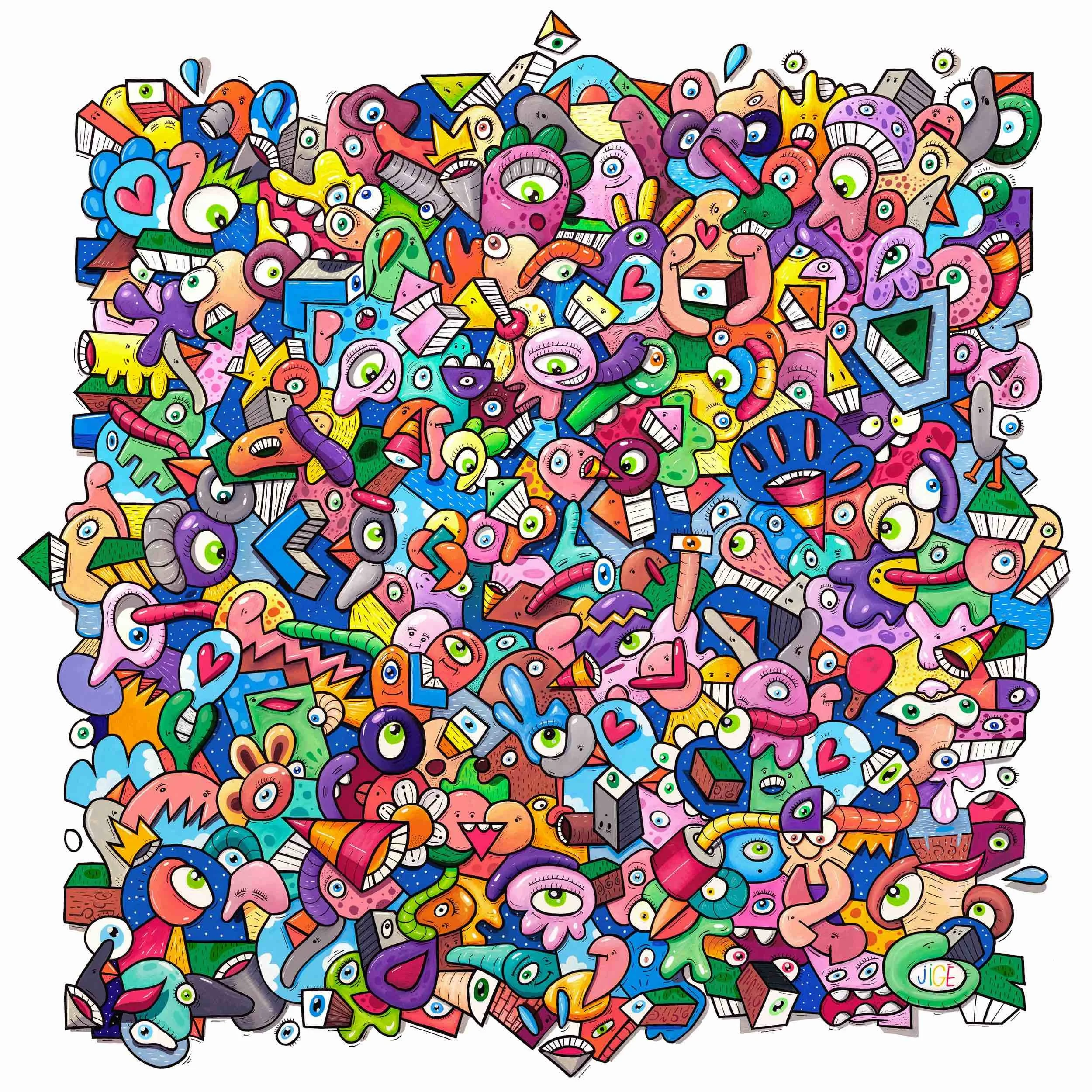 Oeuvre unique de l'artiste français de Lille Jigé colore au style Doodle art