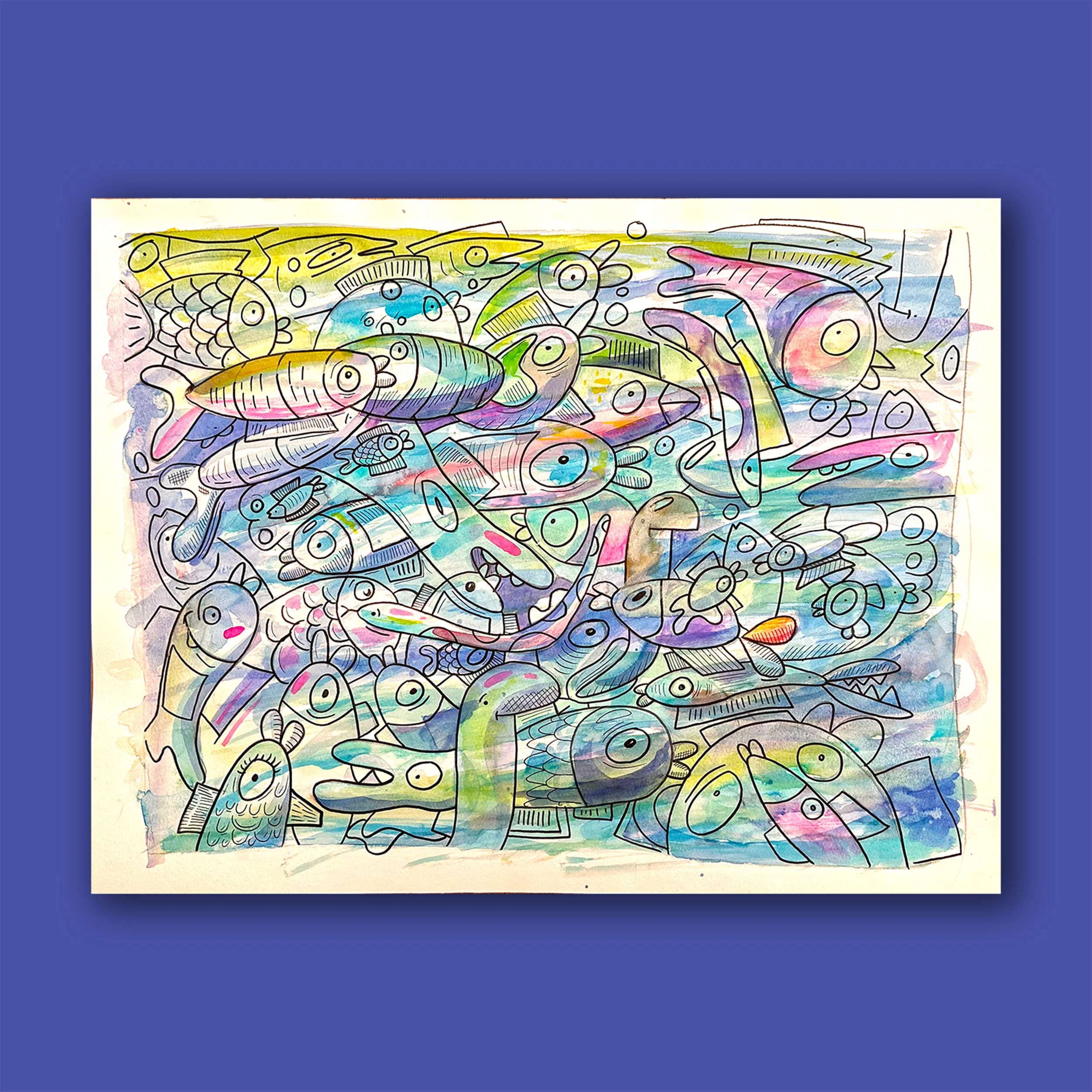 Etude poissons sur papier - Pièce unique - 50X65cm
